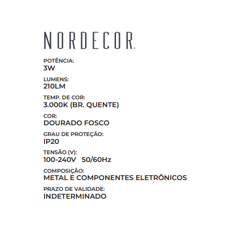 Lustre Pendente LED Nima 3000K 3W 50cm Dourado Bivolt Vidro