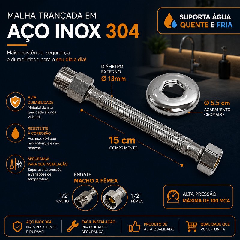 Engate Mangueira Flexível Trançado Aço Inox 15cm Quente Frio