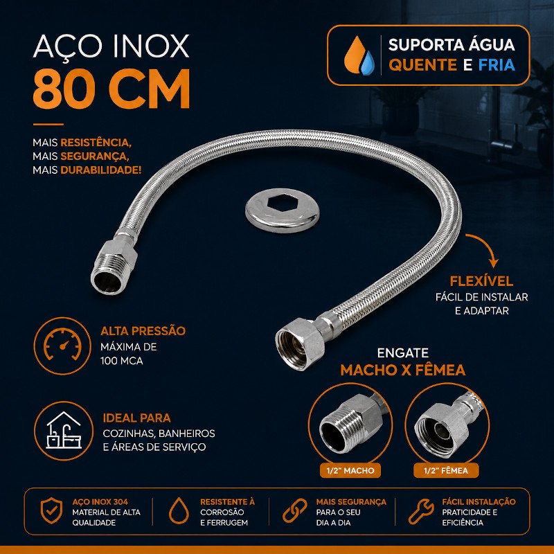 Engate Mangueira Flexível Trançado Aço Inox 80cm Quente Frio