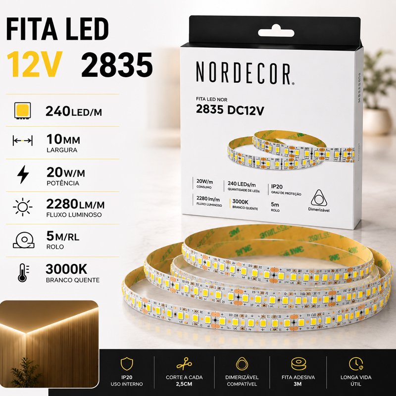 Fita Led 2835 12V 11.5W 3000k Ip20 138led/m 1424lm/m Nordeco