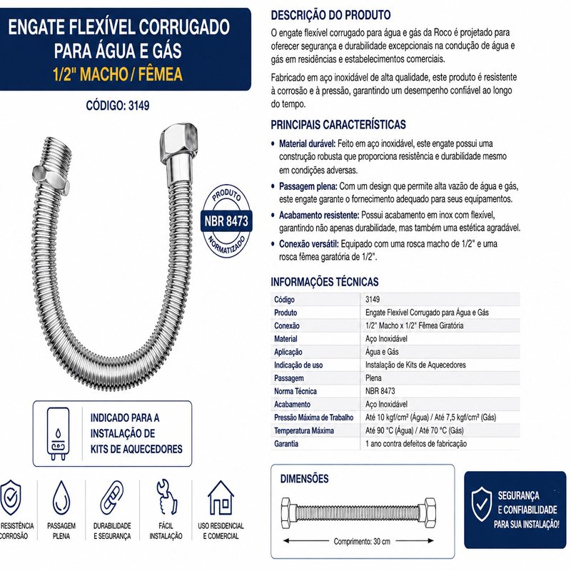 Flexível Corrugado 3 em 1 MxF 1/2' 40cm Água Gás normatizado