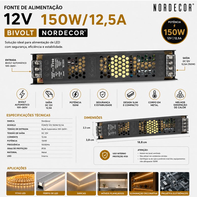 Fonte Alimentação SLIM DC12V 12,A/150W Bivolt Nordecor