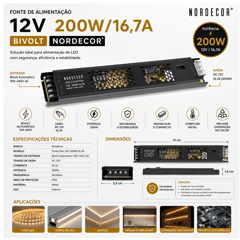 Fonte Alimentação SLIM DC12V 16,7 A/200W Bivolt Nordecor