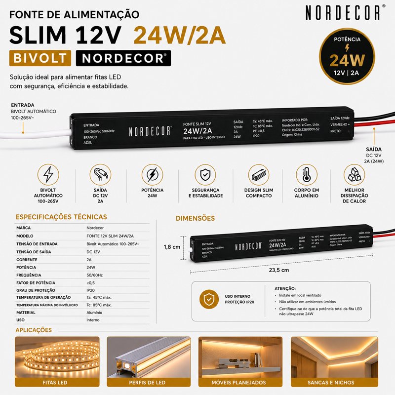 Fonte Alimentação SLIM DC12V 3A/36W Bivolt Nordecor