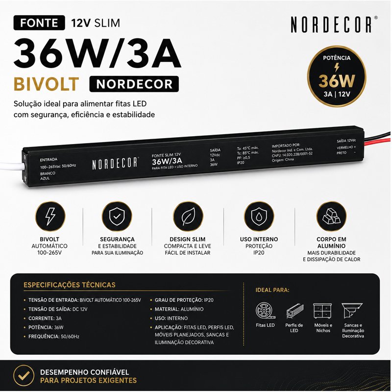 Fonte de Alimentação SLIM DC12V 3A/36W Bivolt Nordecor