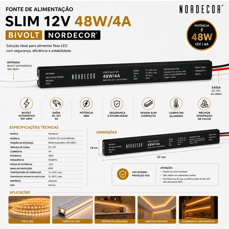 Fonte de Alimentação SLIM DC12V 4A/48W Bivolt Nordecor