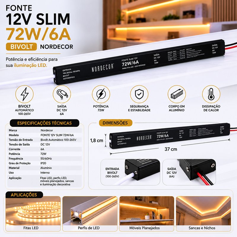 Fonte de Alimentação SLIM DC12V 6A/72W Bivolt Nordecor