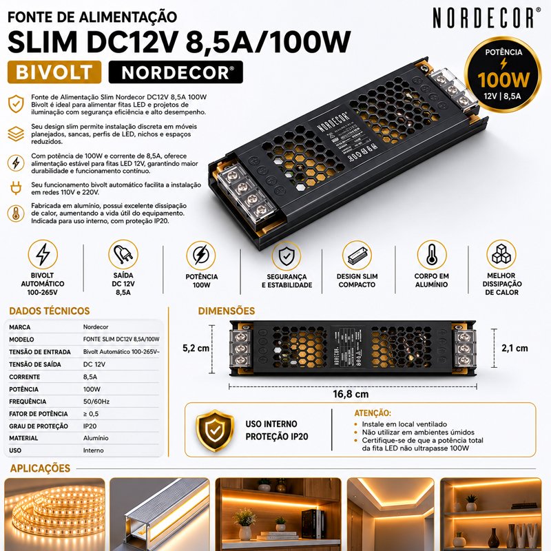 Fonte de Alimentação SLIM DC12V 8,5A/100W Bivolt Nordecor