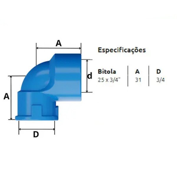 Joelho Azul Soldável x Rosca Bucha Latão 90º 25 x 3/4 shiva