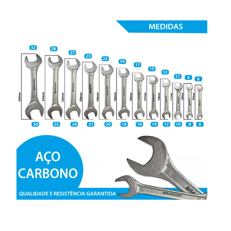 Jogo Chave d Boca Fixa 6mm A 32mm aço carbono Brasfort 12 Pc