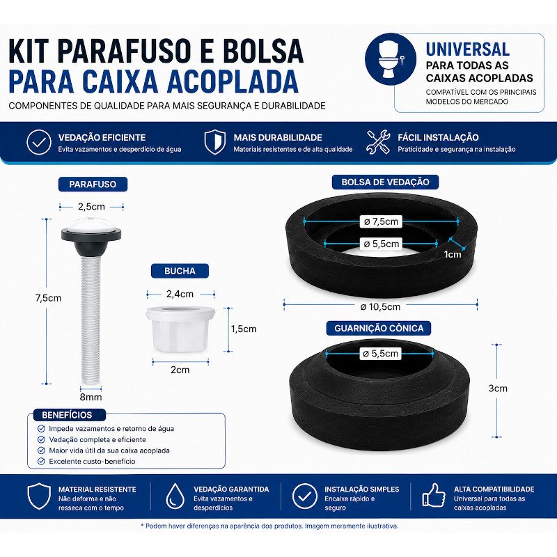 kit Fixação Caixa Acoplada Parafuso + Vedação Universal
