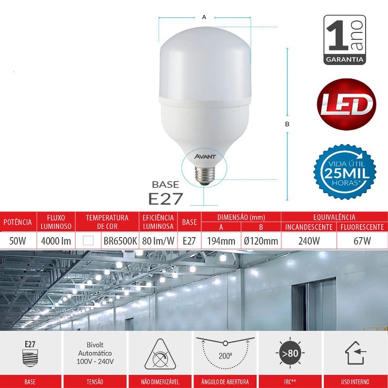 Lâmpada LED 50W Alta Potência Soquete E27 6500k avant