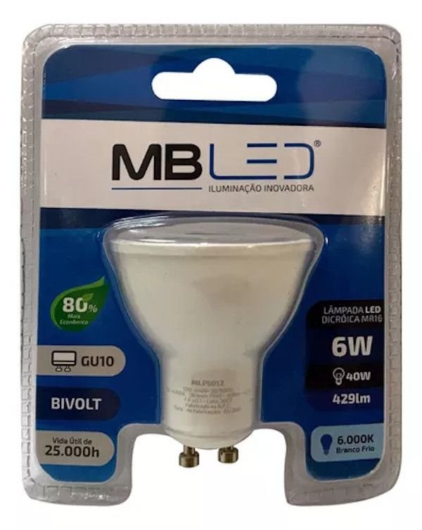 Lampada Led Dicroica MR16 GU10 6w 6000k Branco Frio MBLED