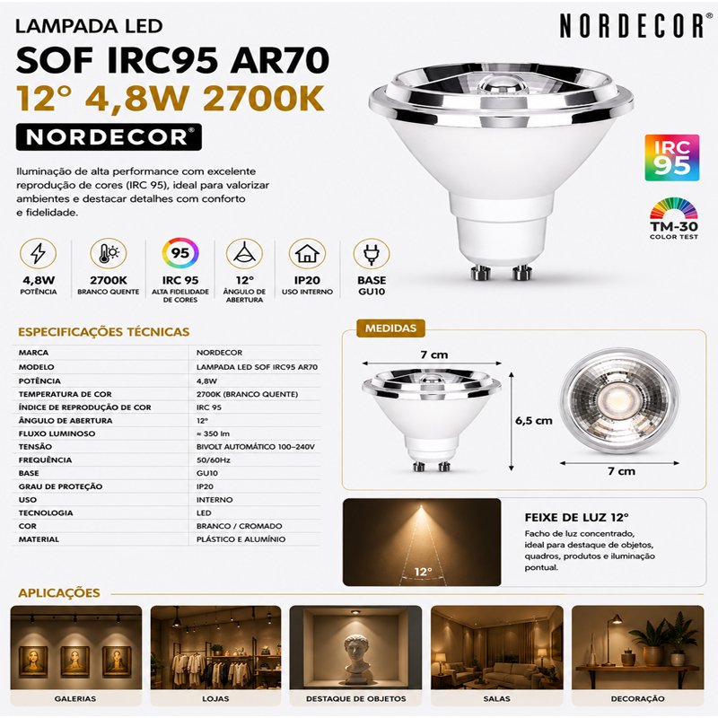 Lâmpada LED AR70 Sof 4,8W 300lm GU10 IRC 95 2700K Nordecor