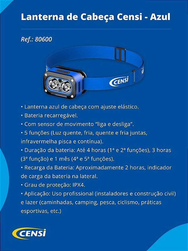 Lanterna de Cabeça Led Sensor de movimento 5 funções censi