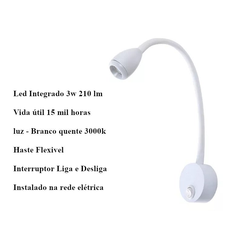 Luminária Arandela Led Flexível Parede BETT 3w 3000k Branco