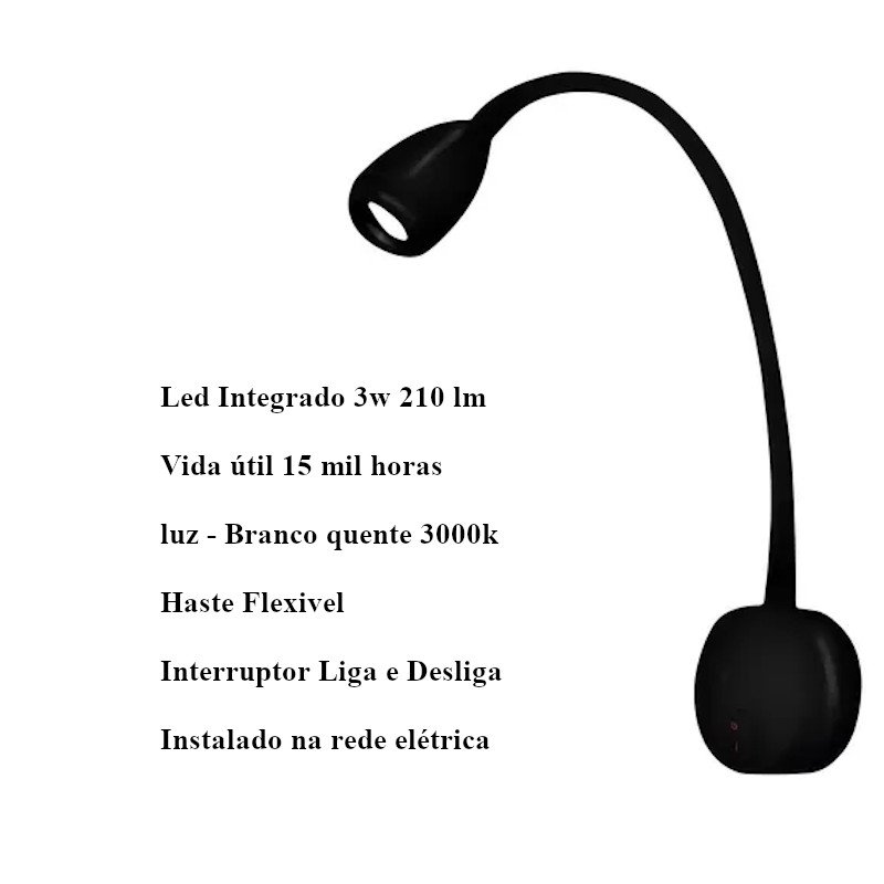 Luminária Arandela Led Flexível Parede BETT 3w 3000k Preto