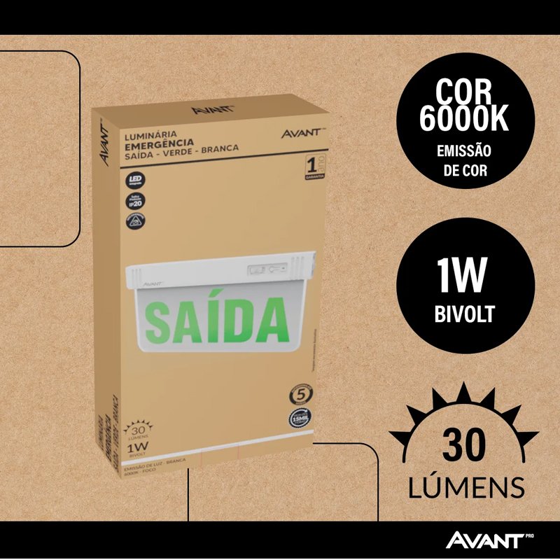 Luminária Emergência Saída Verde Face Única bivolt Avant