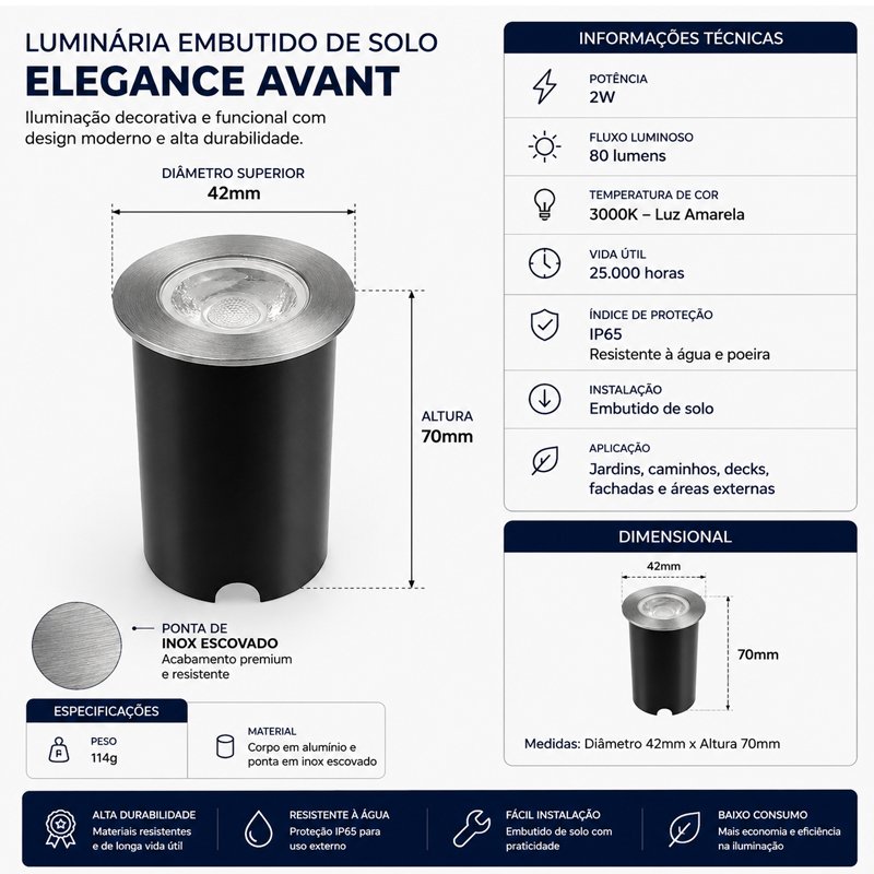 Luminária LED Spot Balizador inox Embuti Elegance 2w 3000k
