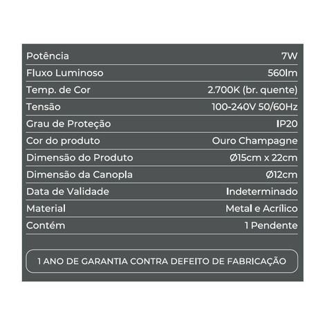 Luminária Lustre Pendente Led Luse 7w 2700k Ouro Champagne