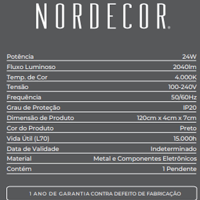 Luminaria Pendente LED linear Otan 24w 4000k 1,20mt Preto
