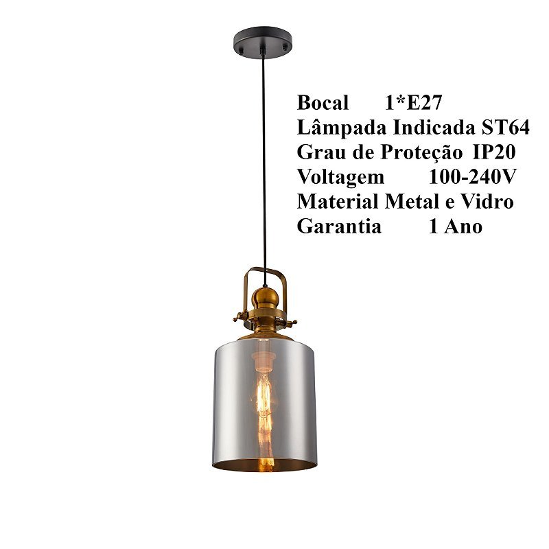 Luminária Pendente Lustre Metal Vidro Tion VAS Ouro Fume