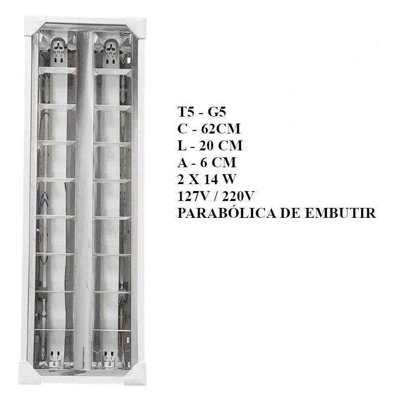 LUMINARIA TETO EMBUTIR PARABOLICA 2 TUBO T5 2 X 14W BIVOLT