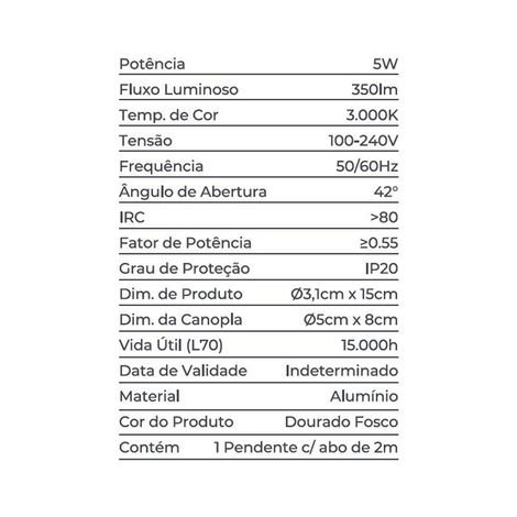 Lustre Pendente LED Wisi 3000K 5W Bivolt Metal Dourado Fosco