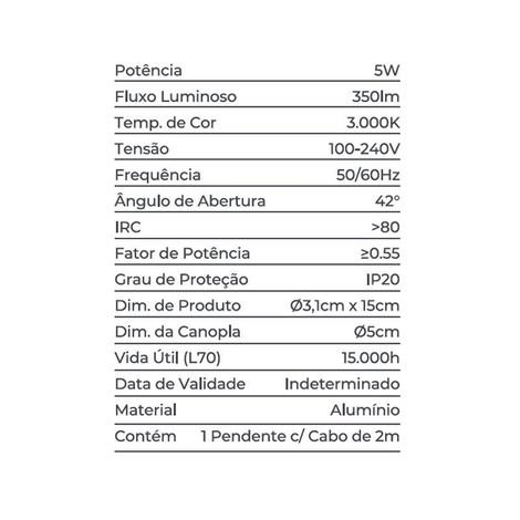 Lustre Pendente LED Wisi 3000K 5W Bivolt Metal Preto Fosco