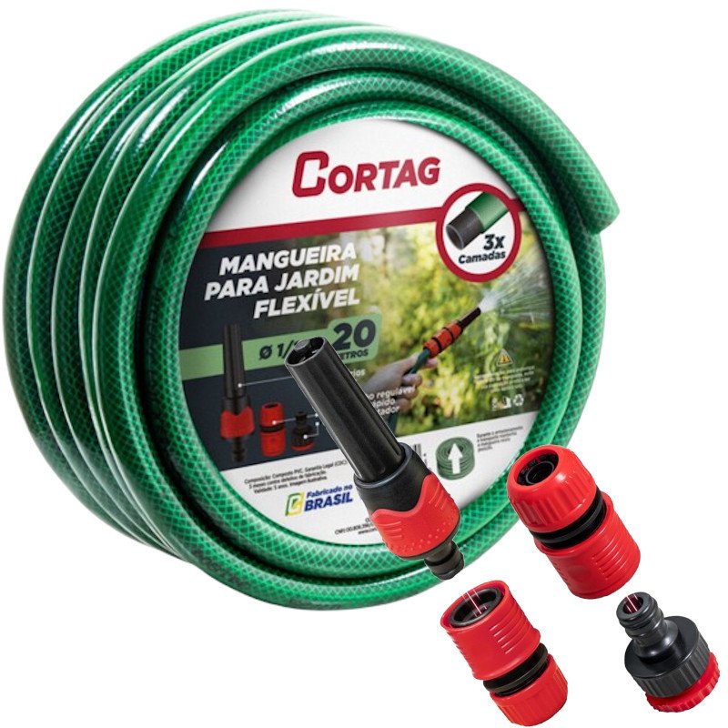 Mangueira jardim Reforçada Flex 1/2 20mt kit Esguicho Cortag