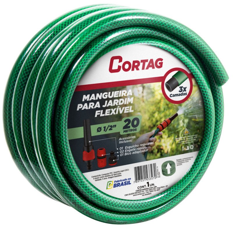 Mangueira jardim Reforçada Flex 1/2 20mt kit Esguicho Cortag