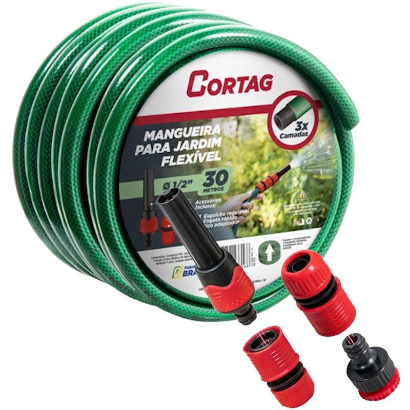 Mangueira jardim Reforçada Flex 1/2 30mt kit Esguicho Cortag