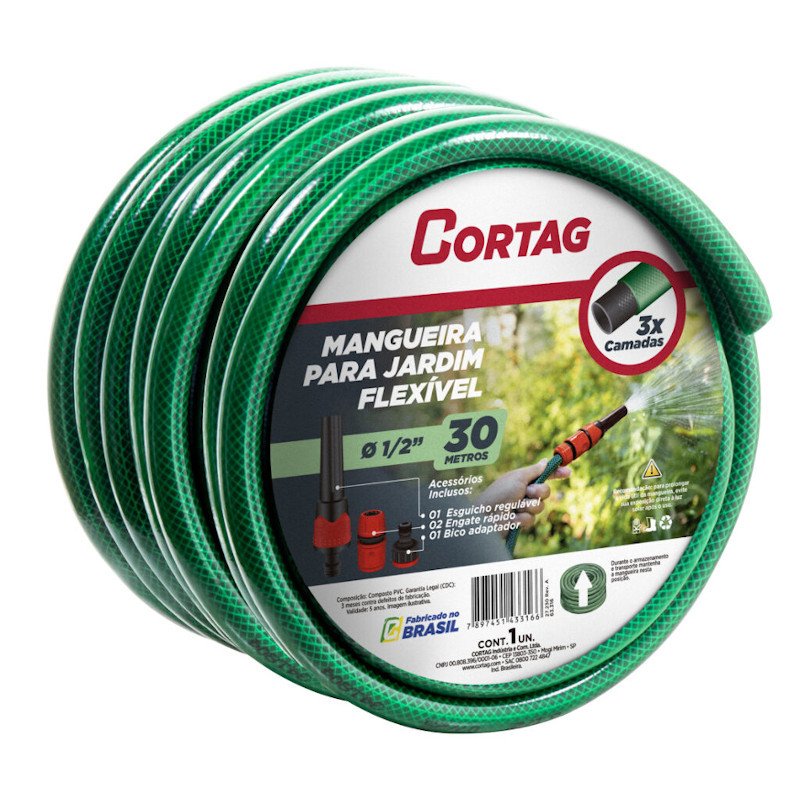 Mangueira jardim Reforçada Flex 1/2 30mt kit Esguicho Cortag