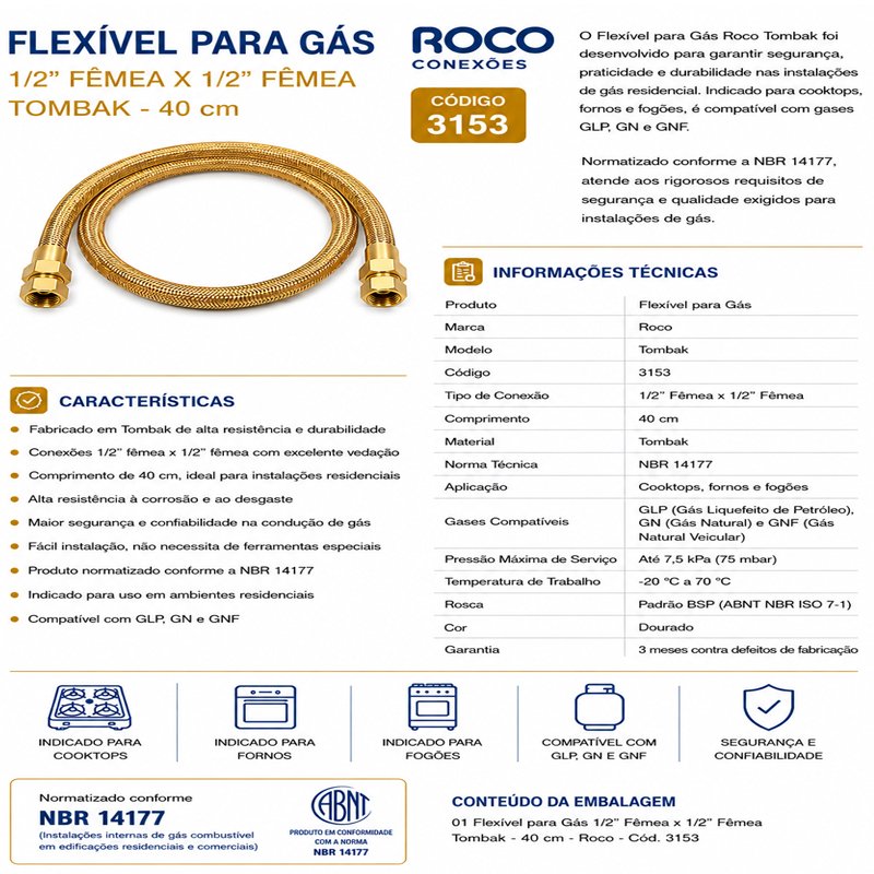 Mangueira TOMBAK Flexível Cobre Gás Forno Cooktop NBR 40cm