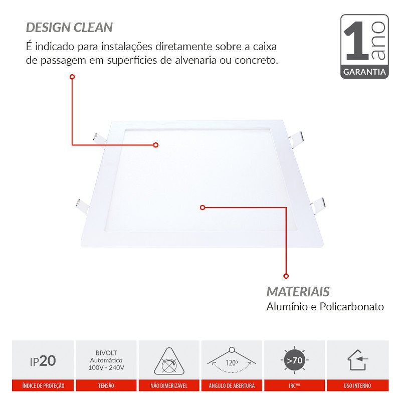 Painel LED Embutir 24w Avant Alumínio 6500K Branco Frio