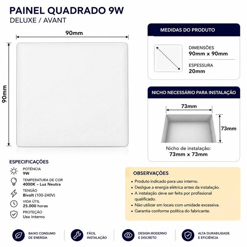 Painel Led Flat 9w Quadra 4000k Embutir Borda Infinita Avant