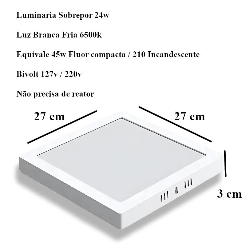 Painel Led Luminária Plafon 24w Quadrado Sobrepor Eco 6500k