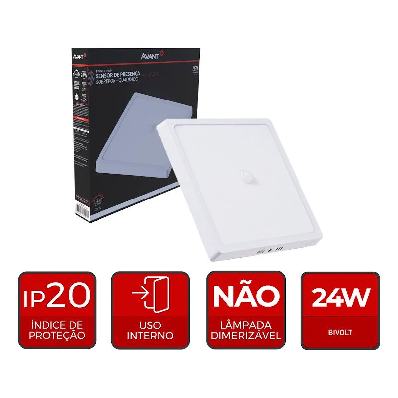 Painel LED Sobrepor 24W Avant Alumínio 6500K Branco Frio