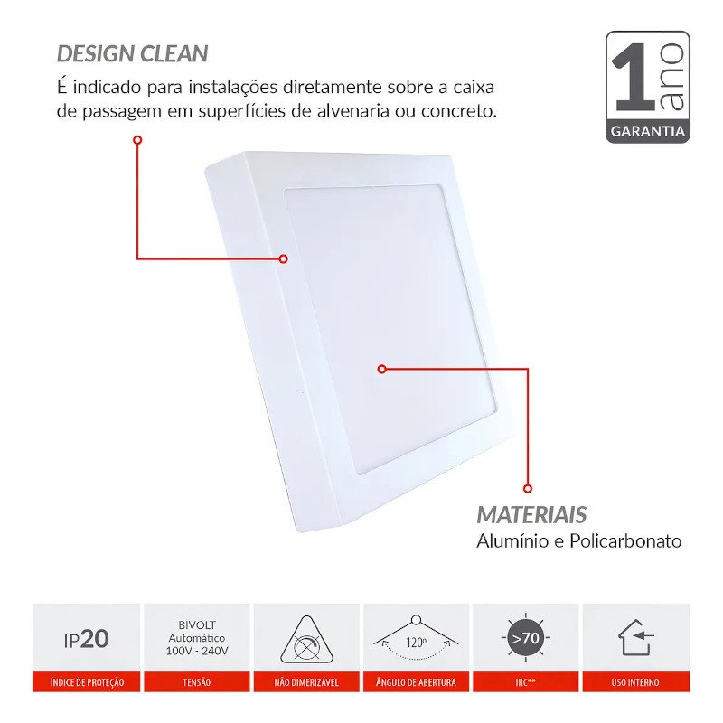 Painel LED Sobrepor 24W Avant Alumínio 6500K Branco Frio