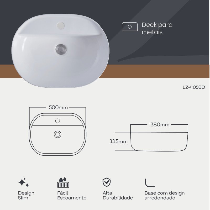 Pia Banheiro Cuba Oval Premium Sobrepor Cerâmica 50cm Zagone