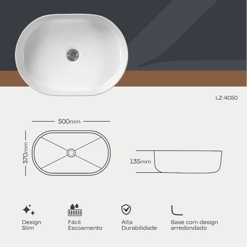 Pia Banheiro Cuba Oval Premium Sobrepor Cerâmica 50cm Zagone