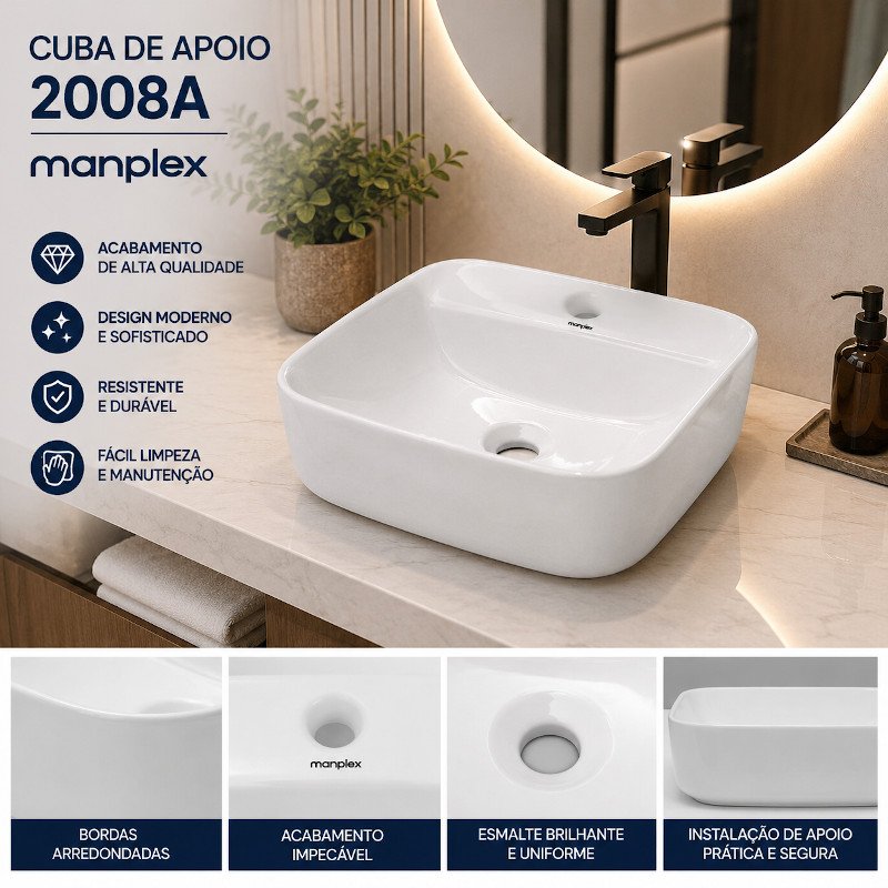 Pia Banheiro Cuba Quadrada Sobrepor c\ apoio Cerâmica 40cm 