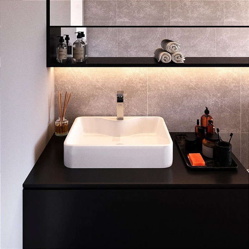 Pia Banheiro Cuba Sobrepor Louça Cerâmica Quadrada 48cm
