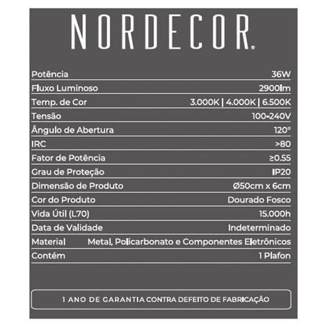 Plafon Led Kenle Redondo 50cm 36w 3k/4k/6.5k Dourado