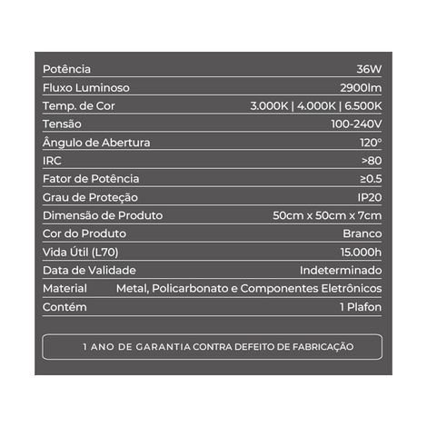 Plafon Led Quadrado Kenle 50cm 36w 3k/4k/6.5k Bivolt Branco