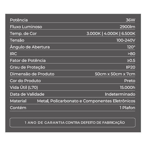 Plafon Led Quadrado Kenle 50cm 36w 3k/4k/6.5k Bivolt Preto