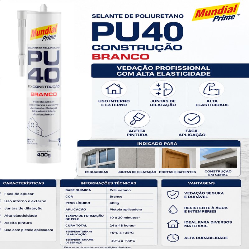Pu 40 Selante Poliuretano Mundial Prime FLEX 400g Branco