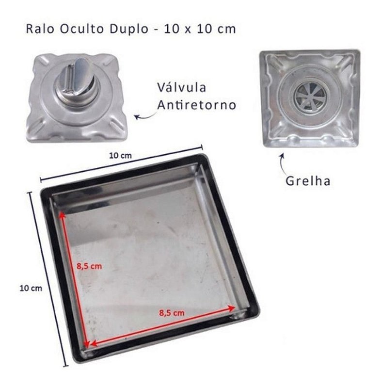 Ralo Invisivel Oculto Duplo Inox 10 x 10 cm Flux Hidro