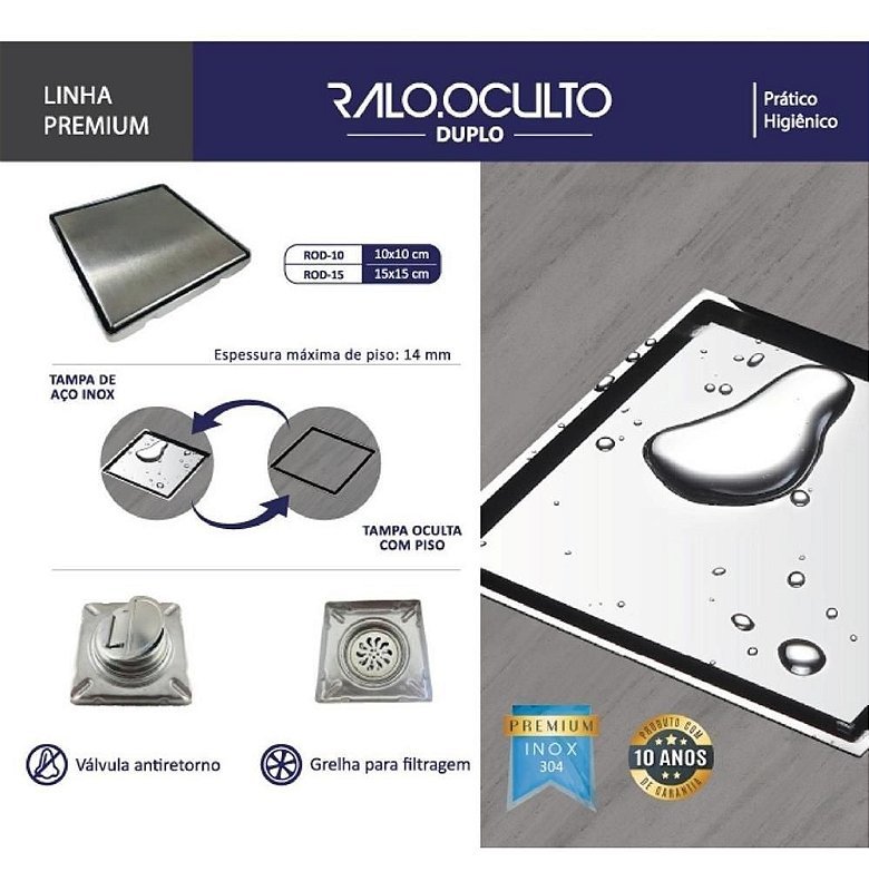 Ralo Invisivel Oculto Duplo Inox 10 x 10 cm Flux Hidro