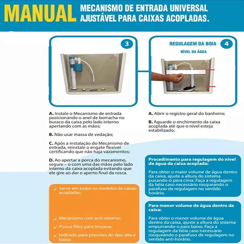 Reparo Caixa Acoplada Mecanismo Entrada Boia Universal baixa